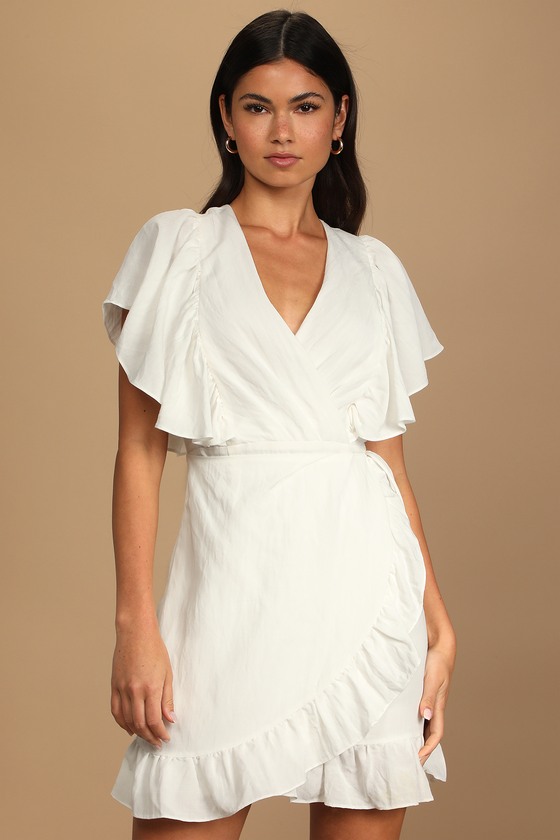 White Mini Dress - Faux-Wrap Dress ...